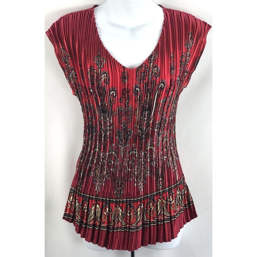 Cato Satin Babydoll Top S Red Regal Geo Retro Pleated Scoop V-Neck Whimsigoth